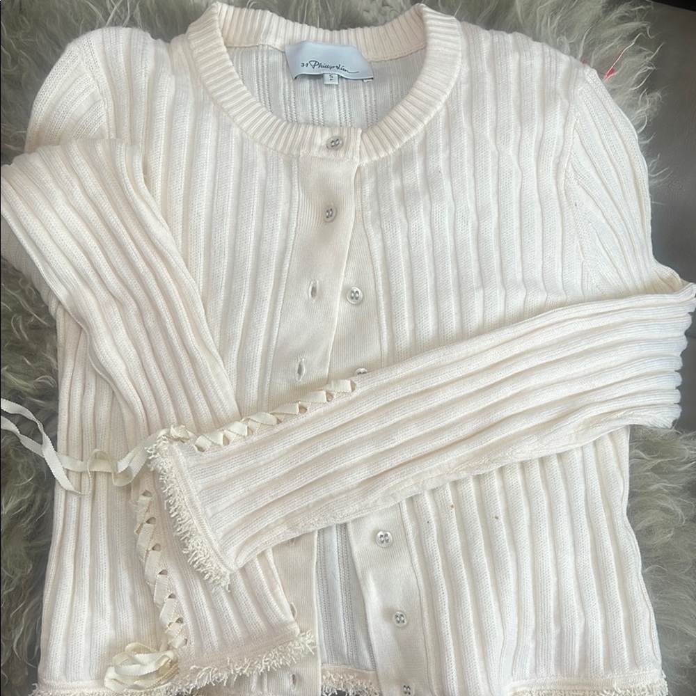 Philip Lim Cream Ribbed Cardigan Sweater